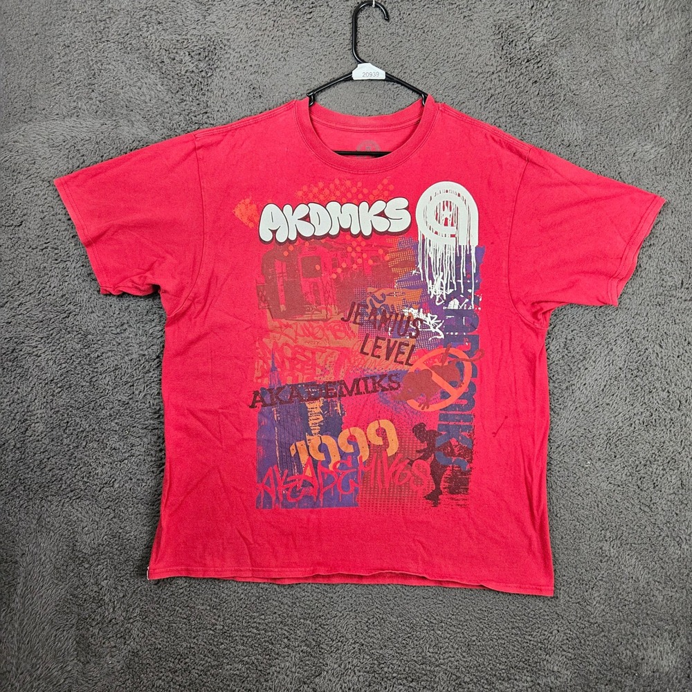 Akademiks Mens Red Graphic T-Shirt 2XL Short‎ Sleeve Streetwear 1999 Print